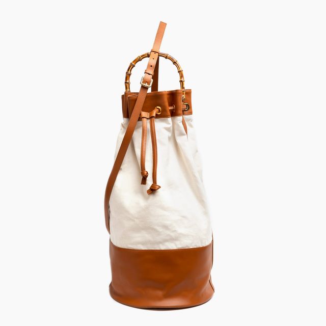 ATLAS Double Canvas & Caramel Leather Sailor Bag w/ Bamboo Handle
