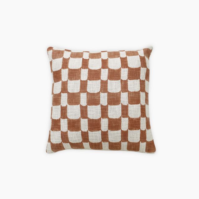 Aaakar Checkered BlockPrinted Throw Pillow, Rust 18x18 inches